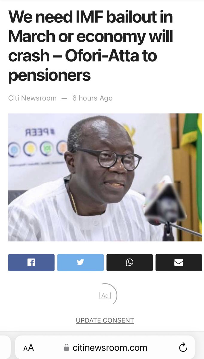 10th February 2022
With E-Levy, we won't go to IMF 
- Ken Ofori Atta
,
6th February 2023
We need an IMF bailout in March, or the economy will crash 
- Ken Ofori Atta

Me: And this person is still a Minister, and we are watching him mess everyone up.