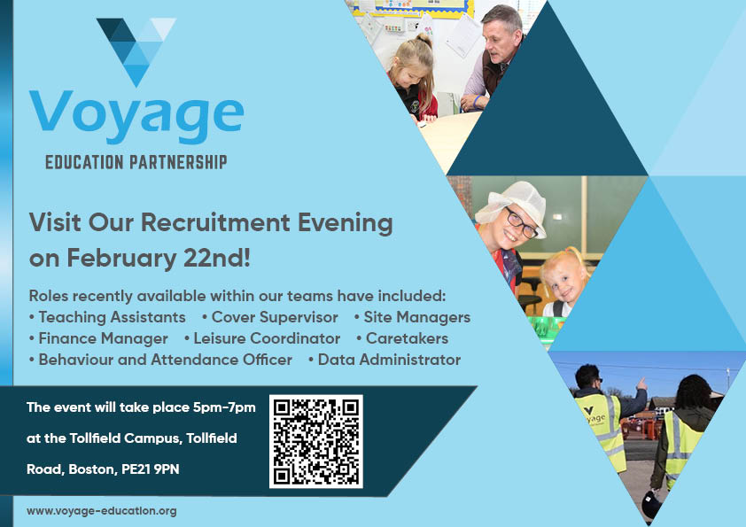 Don't forget our #Recruitment Evening taking place at our Tollfield Campus in #Boston! A great #opportunity for us to tell you about #TeamVoyage and how your #skills can help us in our teaching and #support roles. #lincolnshire #SouthHolland #Employment #Career #Education
