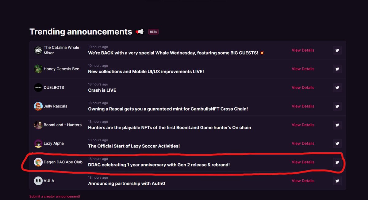 DDApeClub's tweet photo. So @MagicEden has been bashed a lot for the changes they make.

Credit has to be given to the creator announcement. Allowing ANY projects to get exposure on their front page is incredible! Helps small projects like us reach out to more people - for free! https://t.co/MGFdNbJYb3