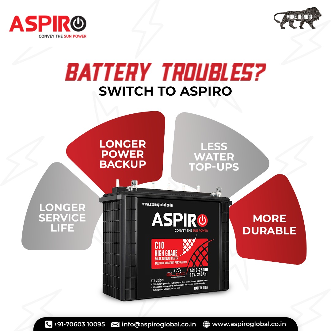 We provide a lot more than just a backup. Our years of experience and excellence, help us provide the best-in-class service. 

#aspiro #Battery #batterymanufacturerindia #batteryforhome #care #together #homeinverter #inverterbattery #longbackup #powerful #inverter #solar