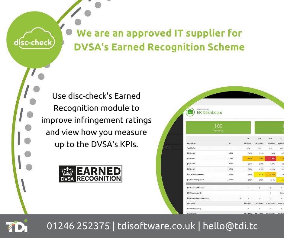 TDiSoftware's tweet image. TDi is an approved IT supplier for DVSA&apos;s #EarnedRecognition scheme. Use disc-check to view your ratings compared to KPIs set by #DVSA. disc-check users can use the module free with their subscription, even if you&apos;re not part of the scheme. Learn more at bit.ly/3X9UYRY