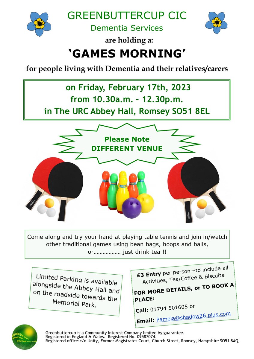 Greenbuttercup - Dementia Services are holding a 'Games Morning' on Friday 17th February from 10:30am-12:30pm at The URC Abbey Hall in Romsey. 

#Greenbuttercup #DementiaServices #Romsey #UnityCommunity #GamesMorning #TestValley #Hampshire #TVBC #HCC #RomseyTown #VisitRomsey