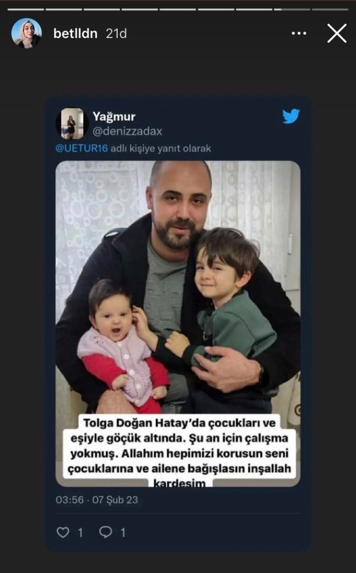 Dm: TOLGA DOĞAN ZARİF DOĞAN ALPARSLAN DOĞAN VE BİLGE DOĞAN 
gürsel sokak prestij asi apt ulucami antakya/hatay 05076094289 ENKAZDA BEBEK VAR YARDIM EDİN YAYALIM #Hatay #deprem #hatayyardimbekliyor