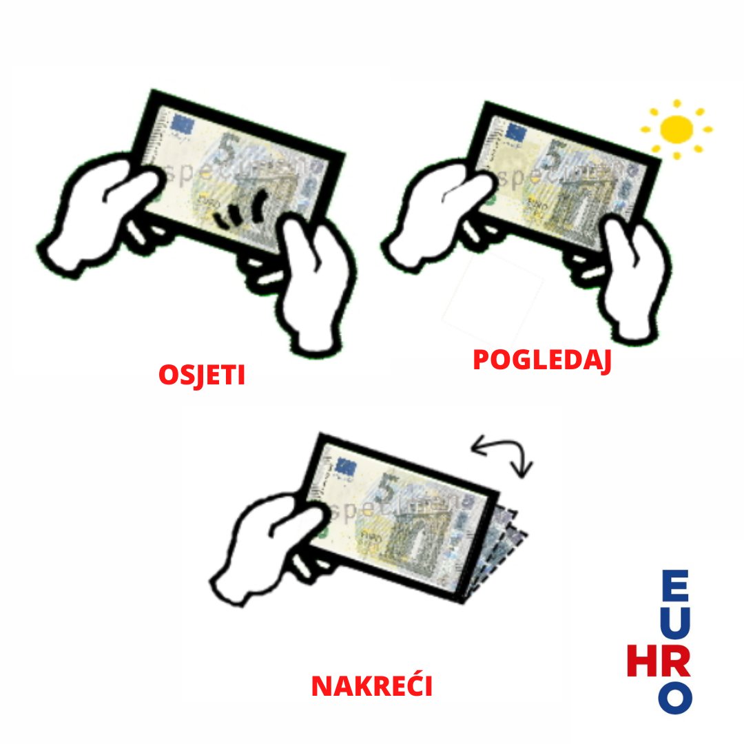 Osjeti, pogledaj i nakreći su tri brza i jednostavna koraka kojima se mogu provjeriti zaštitna obilježja na euronovčanicama. 
#Euro #Euronasnovac #EuroRH #Eurozone 
<a href="/VladaRH/">Vlada Republike Hrvatske</a> <a href="/HNB_HR/">Hrvatska narodna banka</a>