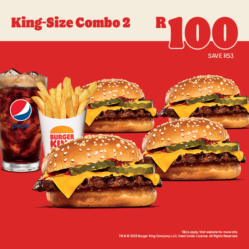 BurgerKingZA's tweet photo. In a world of shrinkflation, our offer stays #KingSize. ​Like the food. And the taste.
Get yours at your nearest store today! T&amp;Cs apply