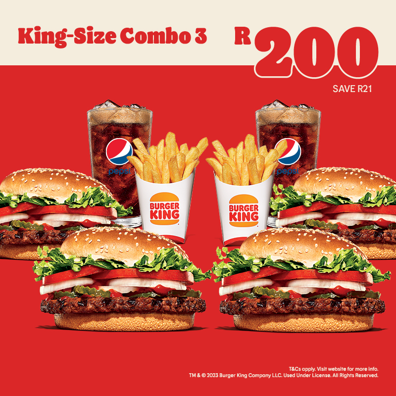 BurgerKingZA's tweet photo. In a world of shrinkflation, our offer stays #KingSize. ​Like the food. And the taste.
Get yours at your nearest store today! T&amp;Cs apply