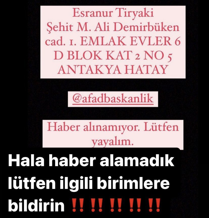 __aybukeee's tweet photo. ACİL YAYALIM LÜTFEN 
@haluklevent @ahbap @AFADBaskanlik @UmkeHatay @ahbaphatay @emircanigrek @tugkanofficial https://t.co/fsSO9CdYmm