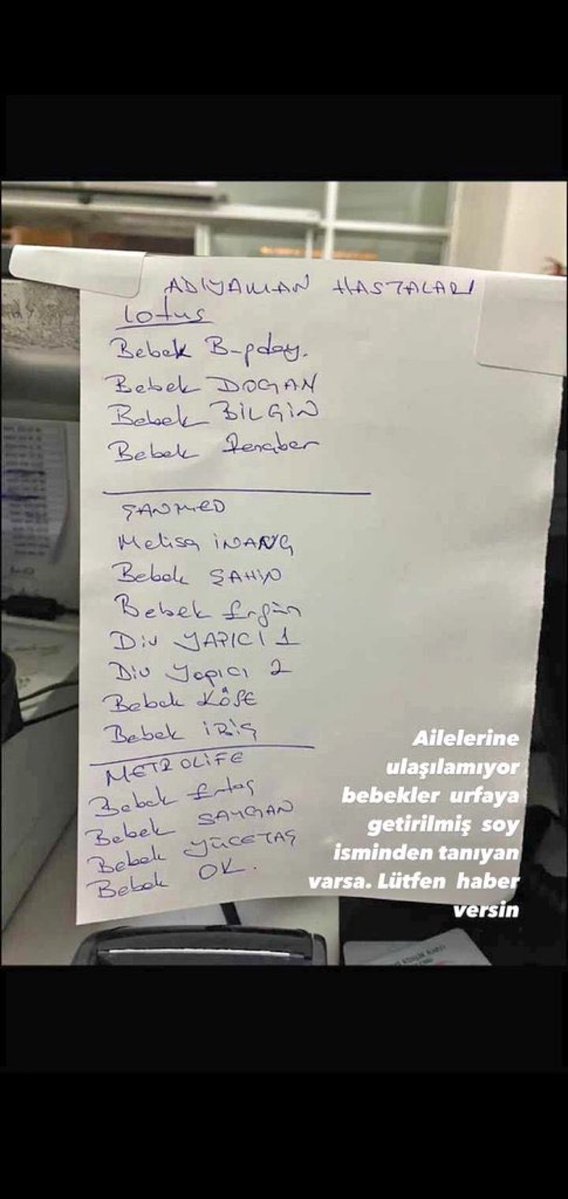 Gülşen🦁@_gulsennn diyor ki
Adıyaman’dan hastaneden Yeni dogmuş bebekler.   Urfa’ya getirilen bebekler rica ediyem soyadındantanıyanlarailelerne ulaşsın. hepsinin saglık durumu iyi endişe etmesinler. 🙏🏻 
Adıyaman Gölbaşı #hatayyardimbekliyor Tanju İskenderun Limanı
Haluk Levent