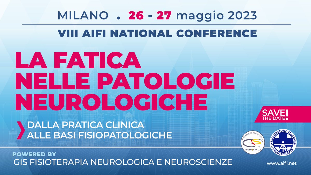 AIFI_nazionale's tweet photo. 📅 𝐒𝐚𝐯𝐞 𝐭𝐡𝐞 𝐝𝐚𝐭𝐞: il 26 e 27/5 il GIS Fisioterapia Neurologica e Neuroscienze dà appuntamento a Milano per l'VIII AIFI National Conference "La fatica nelle patologie neurologiche".
Segna le date sul calendario e leggi i primi dettagli:
👉 https://t.co/Ump63FvjSJ https://t.co/PH2FapcsBZ