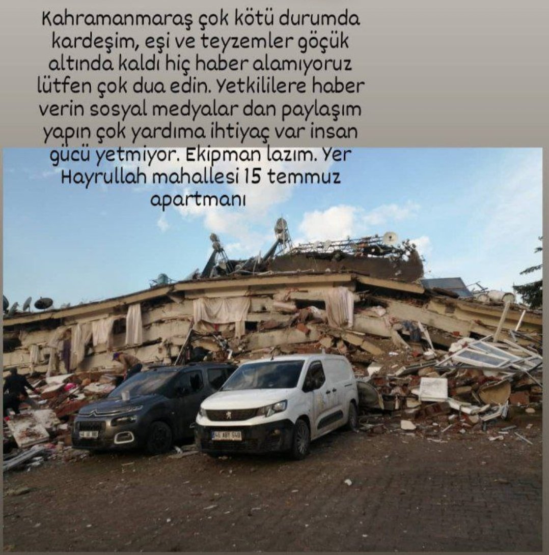 Lütfen yardıma gidilsin saatlerdir kurtarılmayı bekliyorlar EBRAR GÖDE ve ailesi koca bir apartman yardım bekliyor geç olmadan gidilsin Onikişubat/KAHRAMANMARAŞ @haluklevent #deprem #sondakikadeprem #Turkey #AFAD #AFADKahramanmaras @ahbap #HelpTurkey #YARDIM