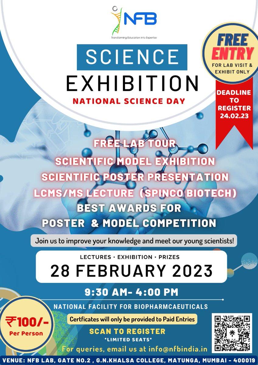 NFB_india's tweet photo. 🤩Get ready for this Science Day💥28.02.2023 🗓

We have exciting news for you😍
✴️ Lab Visit
✴️ Model making competition 
✴️ Scientific poster competition 
✴️ Learn more about LCMS/MS (in collaboration with Spinco Biotech) 
Open to all from Science ‼️
#nfb #nfbians #scienceday https://t.co/zH0t0Esi5U