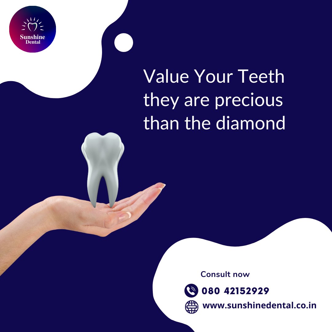 sunshinedental2's tweet image. Yes, it's true that your teeth are more valuable than diamonds! 
By valuing and taking care of your #teeth, you can enjoy a lifetime of good #OralHealth and a bright, confident smile.

For more info visit- sunshinedental.co.in

#dentalproblem #dentalhealth #dentist #bangalore