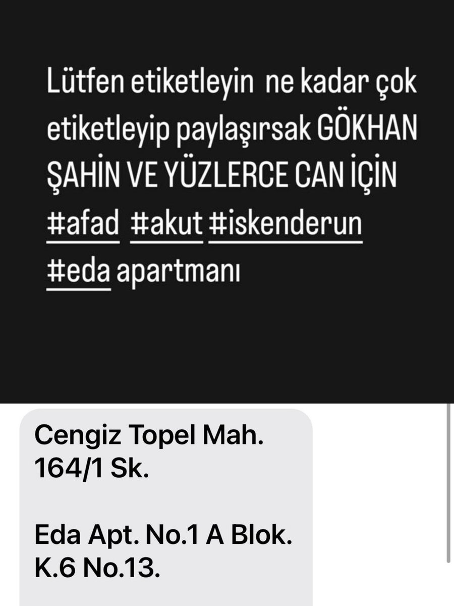 EbruHazalErcan's tweet photo. @mcmehlepci @haluklevent Cengiz Topel mah 164/1 sokak Eda apartmanı no: 1 A blok kat 6 daire 13
Bina yıkıldı mı durumları nedir bilmiyorum.
Orada olanlar bilgi verebilir mi lütfen?
#Hatay #hataydepremi #hatayyardimbekliyor #HATAYYARDIMBEKLİYOR #antakyadeprem #antakyaafad #antakyadepremi #iskenderun https://t.co/rP6f4SbGQQ