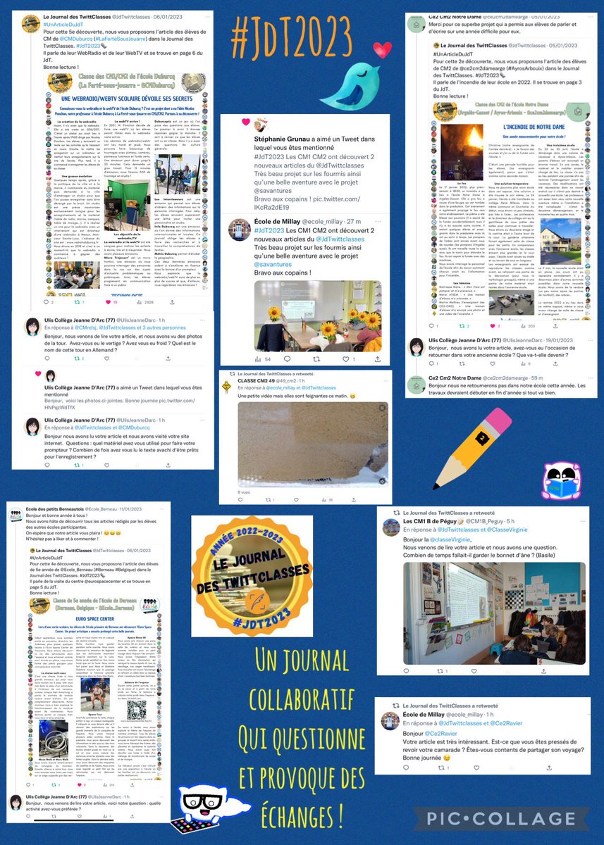 JdTwittclasses's tweet photo. Le #JdT2023 est un journal qui se partage ! Après quatre semaines de parution… toujours de beaux échanges entre classes… et ça continue ! 53 articles riches et variés à découvrir l’actu écrit par des journalistes en herbe, pour des enfants… mais pas que 👍🏼 Merci à eux tous !!! https://t.co/mZO92C318m
