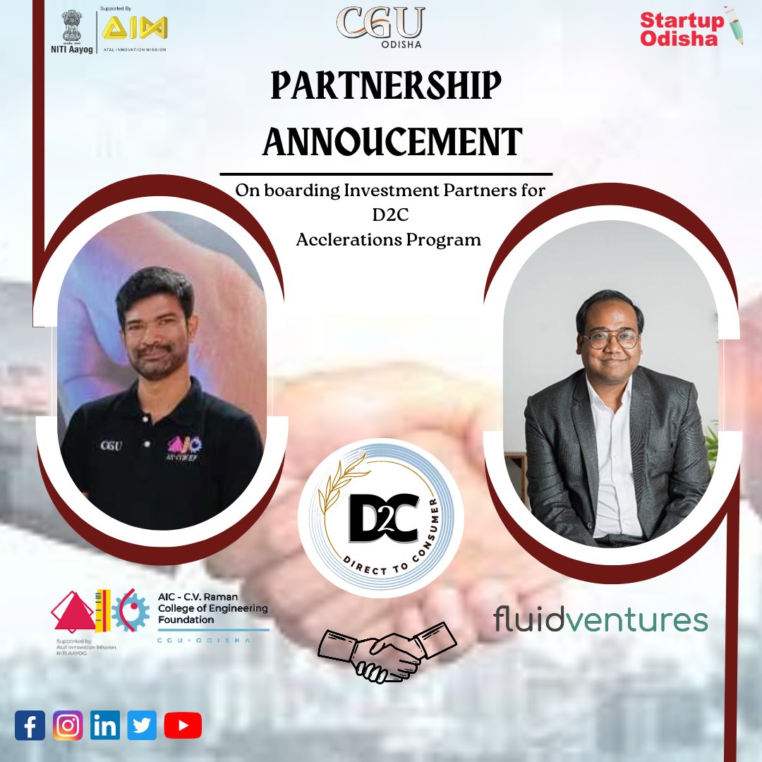 AIC CGU inks an understanding with Fluid ventures as a partner to coach the brands on the details of investment road-map being D2C specific and also make it investors made easy for tempting brands.
Happy Partnership
#investment #d2c #d2cbrands  #d2cmarketing