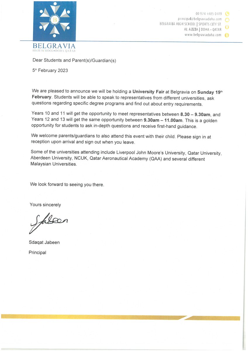 Dear Students, Parent(s), and Guardian(s)

Belgravia High School will be holding a University Fair on Sunday 19th February. 

Please see the attached file or you may call the Principal on 60088825 for more information.

Thank you.