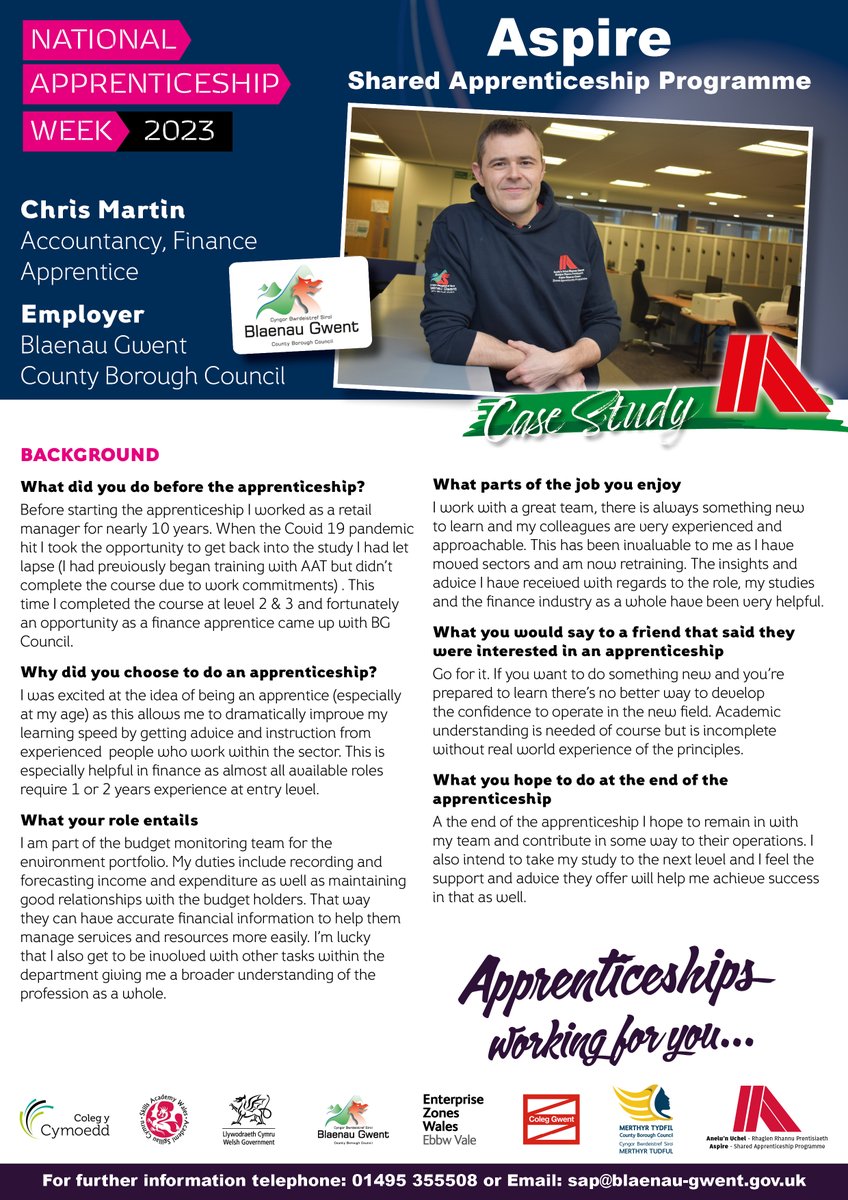 To celebrate National Apprentice Week 2023 find out about our Accountancy Finance apprentice Chris Martin at Blaenau Gwent Council. Interested in the Aspire Blaenau Gwent Shared Apprenticeship Programme? call 01495 355508 for further info. #NAW2023 @coleggwent @TydfilTraining