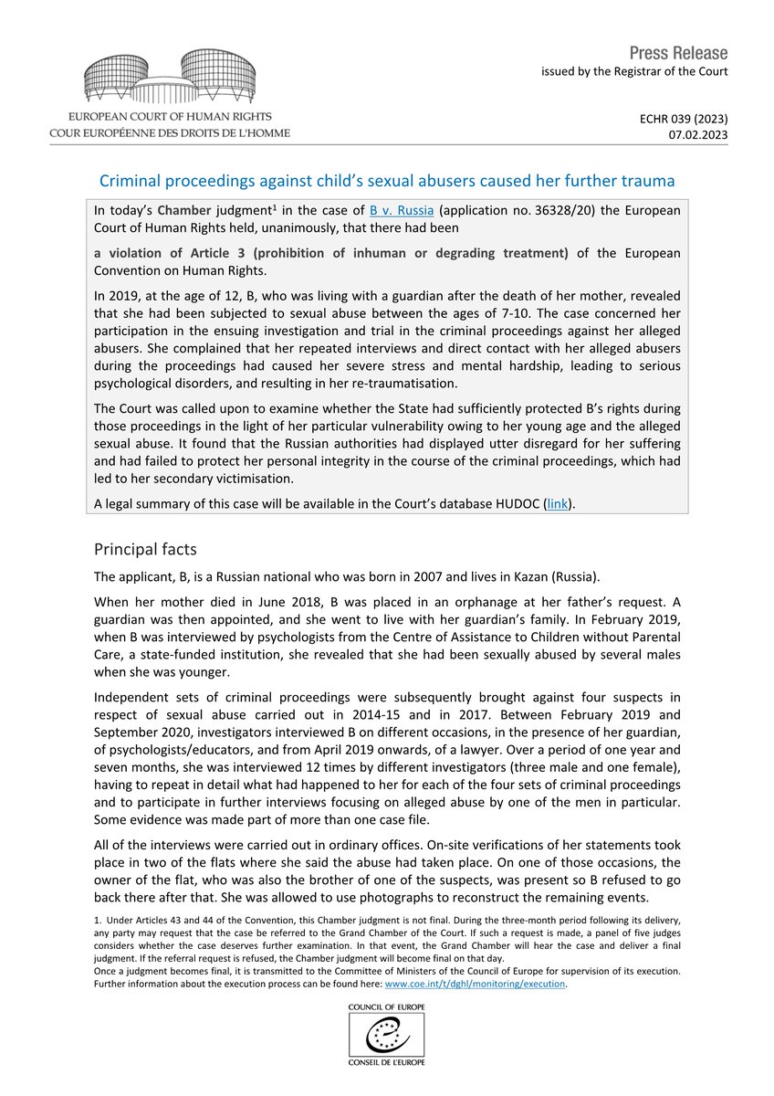 Judgment B v. Russia - Criminal proceedings against child's sexual abusers caused her further trauma
hudoc.echr.coe.int/app/conversion…
#ECHR #CEDH #ECHRpress