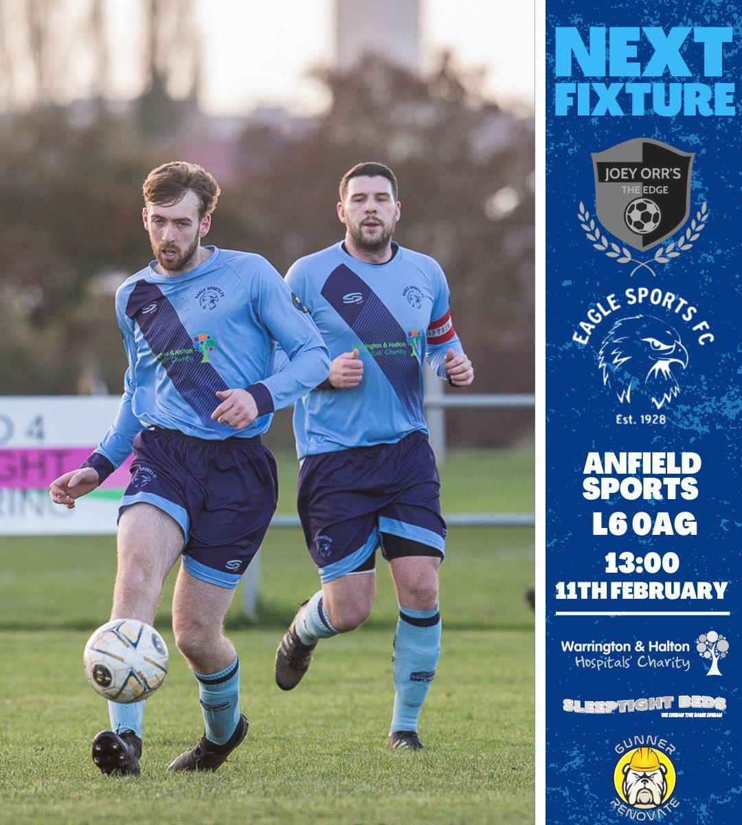 ⚽️ NEXT UP ⚽️

🆚 <a href="/JoeyOrrsFC/">Joey Orr’s FC</a> 
 
📆 Saturday 11th February
🏟 Anfield Sports Centre, L6 0AG
⏰ 1pm kick off
🏆 <a href="/Liverpool_CFA/">Liverpool FA</a> Challenge Cup QF

🔵 #Upthegulls 🦅