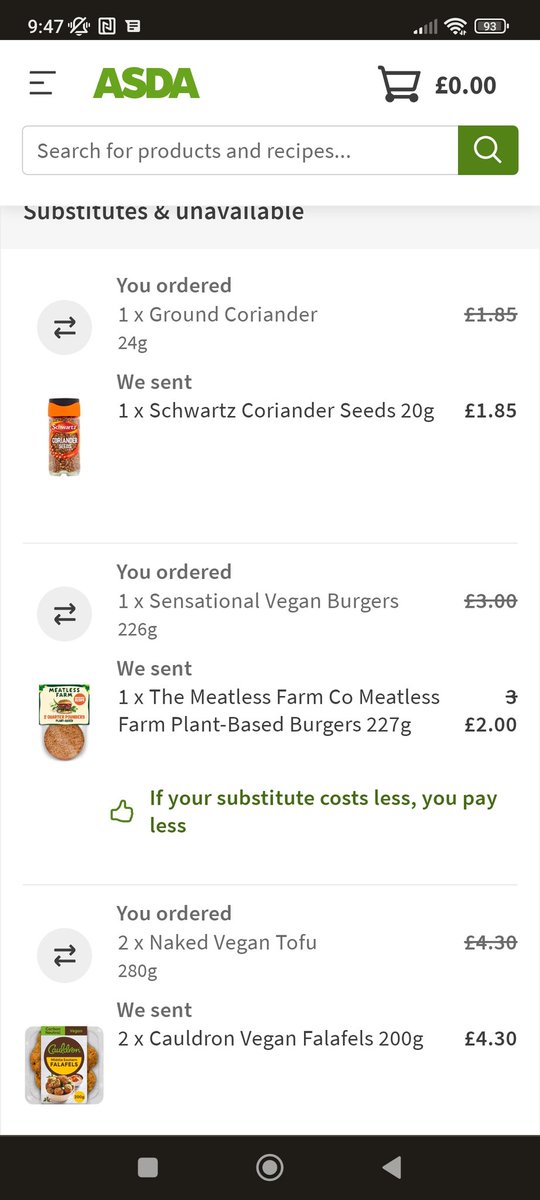 hannomad's tweet photo. Someone once told me not to use @asda delivery because of replacements, and so far we've had replacements every single time but this one is the most ridiculous. Tofu ≠ Falafel and Seeds ≠ Powder?? https://t.co/i0OrOs6ntK