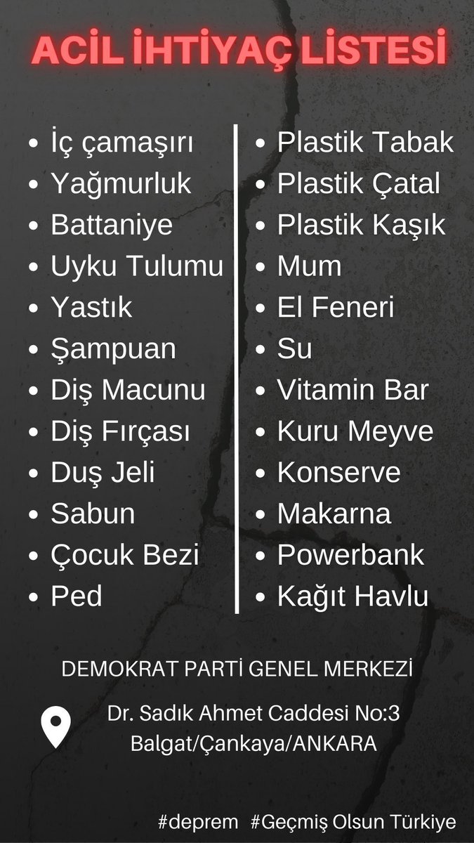 Hatay için yardım vakti! 🙏

Desteğinizin yanısıra ve RT yapmanız çok önemli

👉 Demokrat Parti Genel Merkezi

👉 Dr. Sadık Ahmet Cad, No:3 Balgat/ Çankaya/Ankara

Hangi şehirde olursanız olun Getir / Trendyol / Yemek Sepeti aracılığıyla adresi ekleyerek yardım gönderebilirsiniz