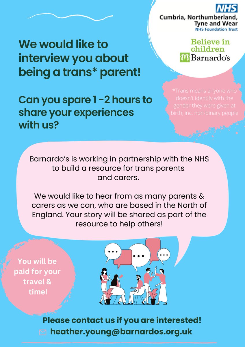 Are you trans*, and also a parent or carer?  Barnardos are looking for people to be interviewed, to build a resource for other #trans #parents and #carers.

<a href="/LythamLet/">Lytham Let Live LGBT Friendship Group</a> <a href="/pav_akhtar/">Pav Akhtar (personal account/views)</a> @PCIanAshton @Neil4Preston <a href="/LGBTOutnAbout/">URPotential LGBT</a>