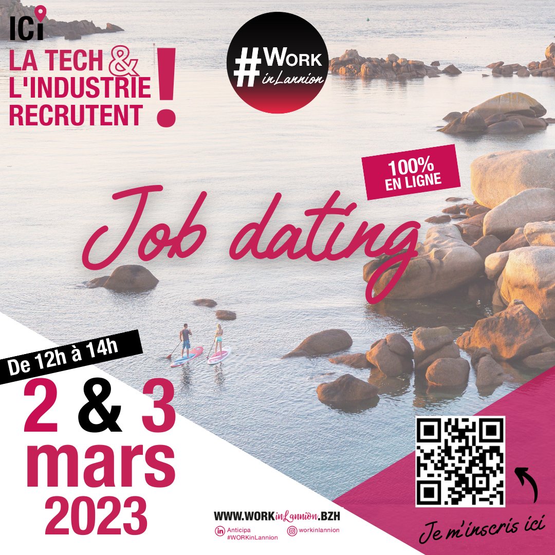 𝗝𝗼𝗯 𝗱𝗮𝘁𝗶𝗻𝗴  𝟮&amp;𝟯 𝗺𝗮𝗿𝘀 𝗲𝗻 𝗹𝗶𝗴𝗻𝗲!
1 occasion unique de faire matcher recruteurs et candidats!
𝗘𝗻𝘁𝗿𝗲𝗽𝗿𝗶𝘀𝗲𝘀 vous recrutez dans la tech et l'industrie à 
Lannion?  Inscrivez-vous -&gt; bit.ly/40AItSv
𝗖𝗮𝗻𝗱𝗶𝗱𝗮𝘁𝘀 -&gt; workinlannion.bzh