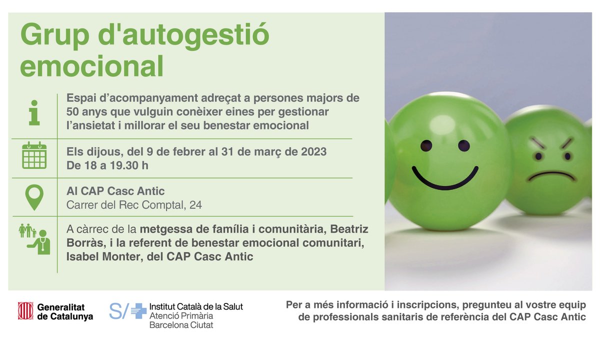 primariaicscat's tweet photo. El #CAPCascAntic ofereix eines per gestionar l'ansietat i millorar el benestar emocional amb tres espais d'acompanyament:
 
- Autogestió emocional per a persones d'entre 18 i 50 anys
- Autogestió emocional per a majors de 50 anys
- Crear vincles, adreçat a majors de 65 anys https://t.co/NStkPGFvCr