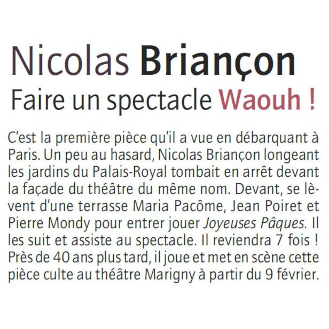 20 ans après Pierre Arditi, Nicolas Briançon incarne à son tour le mari volage dans le classique JOYEUSE PAQUES ! de Jean Poiret. Notre interview d'un comédien et metteur en scène qui prend la comédie très au sérieux, dans THEATRAL N°97 bit.ly/3i7hHjd @MarignyTheatre