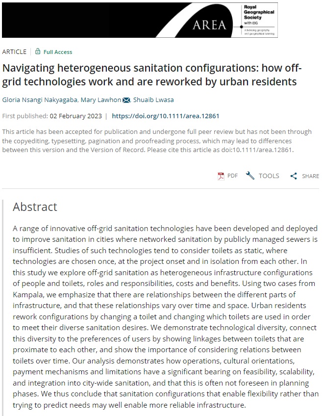 New in #areajournal: 'Navigating heterogeneous sanitation configurations: how off-grid technologies work and are reworked by urban residents' by @NakyaGlo (@UofOklahoma), @drmarylawhon (@GeosciencesEd) and @DLwasa (@UrbanActionLab). orlo.uk/T35aa