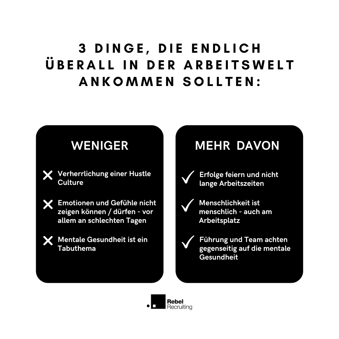 Präsenzkultur und "hauptsache Überstunden abreißen"? Nicht mit uns! 

Wovon möchtest Du weniger in deinem Arbeitsalltag? 

#jetztrebellieren #RebelYourWayToTheTop #futureofwork #conversationsforchance #jobsmitzukunft #newwork #hustleculture #menschlichkeit #mentalhealth