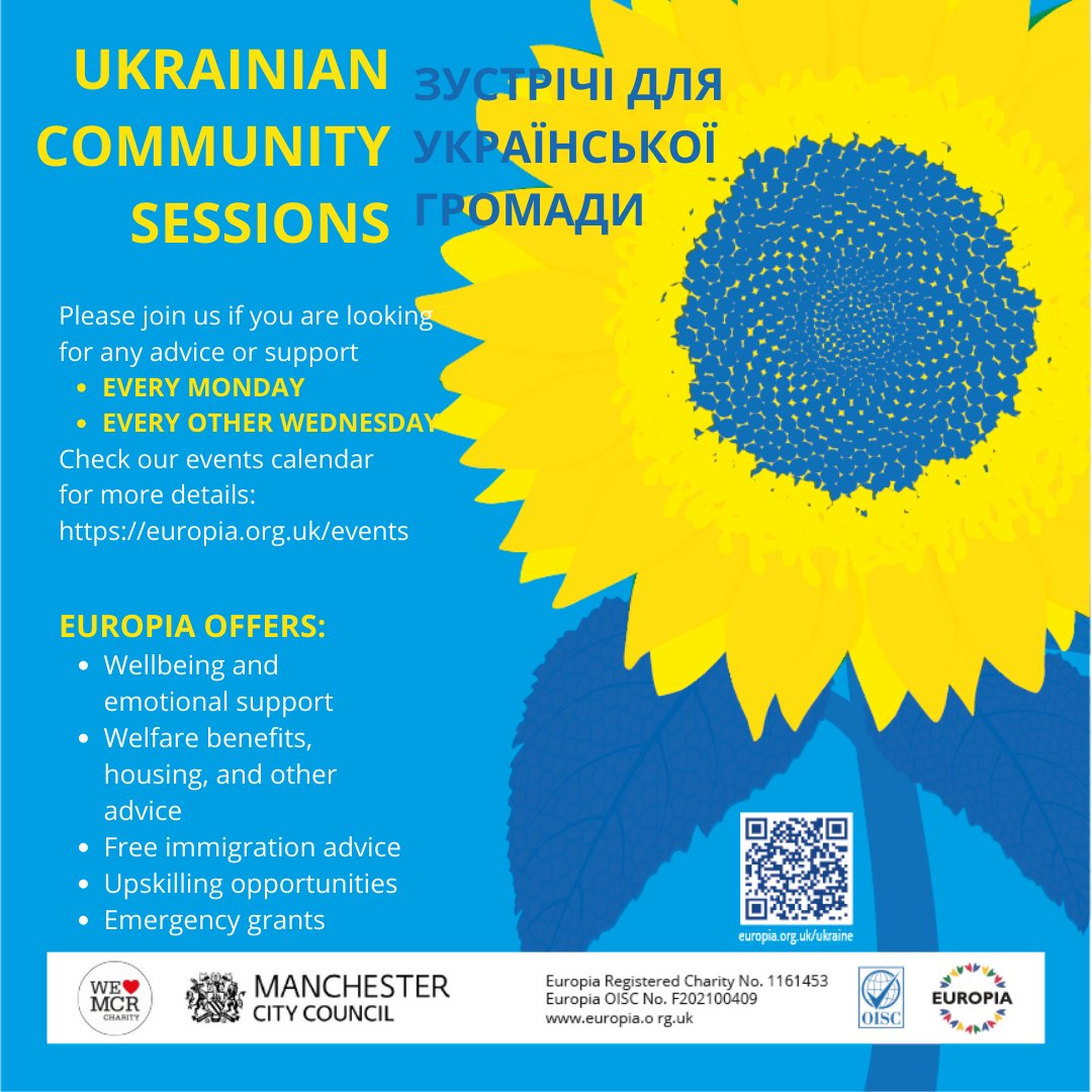 📣We're running  #FREE #Ukrainian #community #sessions 

🏠Monday -  #Manchester #Central #Library
🏠Every other Wednesday - #Ukrainian #Cultural #Centre #Dnipro

We can help with: 
#Housing
#Schools
#Benefits
#Wellbeing 

🤗For more info, visit: europia.org.uk/events