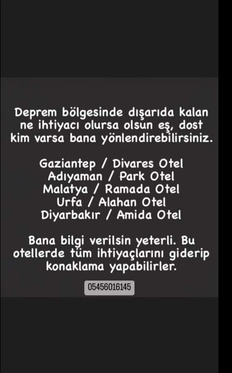 Oz1981can's tweet photo. Arkadaşlar elimizden geldiğince lütfen duyarlı olalımçevremde nekadar insan varsa ulaşmaya çalışıyorum Allah razı olsunlar 🙏
Gaziantep / #Divaresotel
Adıyaman/ #Parkotel
Malatya/ #Ramadaotel
Urfa/ #Alahanotel
Djyarbakır/ #Amidaotel https://t.co/bkrZyZEMTZ