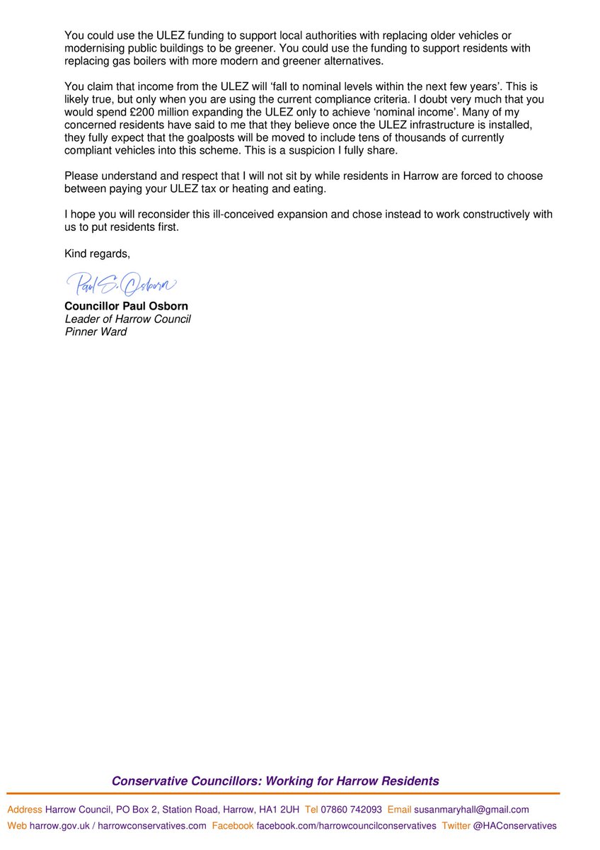 HAConservatives's tweet photo. Over the weekend we received a letter from #SadiqKhan telling us to stop our challenge to his #ULEZ expansion. We will protect our poorest and most vulnerable residents from Khan’s stealth tax. See #Harrow Council’s #Conservative Leader @paulosborn’s response below. https://t.co/VI5TwVBm6J
