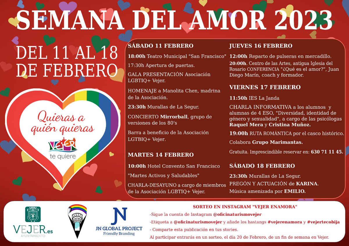 Del 11 al 18 de Febrero, el Ayuntamiento organiza junto al colectivo LGTBIQ+ Vejer "LA SEMANA DEL AMOR".

Disfruta de una amplia programación destinada a todos los públicos, apostando por la diversidad, la igualdad y la libertad. 
#vejerenamora #quierasaquien