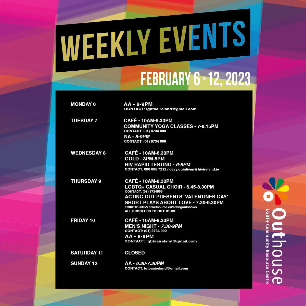 Weekly roundup of events in Outhouse LGBT+ Centre this week 🏳️‍🌈🏳️‍⚧️
February 6 - 12, 2023

#gaydublin #lgbtqdublin #lgbteventsdublin #gayeventsdublin #transdublin