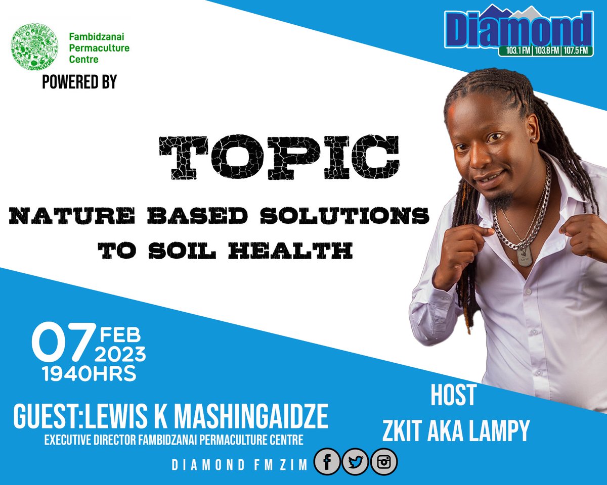 Fambidzanai Permaculture Centre ZWE (@fpc_online) on Twitter photo Tune in to <a href="/DiamondFMZim/">Diamond Fm Zim News</a> #TODAY at 1940hrs and join our Director, Lewis Mashingaidze and <a href="/zkitakalampy1/">Leonard</a> as they discuss nature based solutions to soil health #agroecology #soilhealth #agroecologyzw <a href="/MoLAFWRD_Zim/">MinofLands,Agric,Fisheries,Water&Rural Development</a> <a href="/MaminiminiObert/">Obert Maminimini</a> <a href="/AfroGardener/">GardenAfrica</a> <a href="/pelumzim/">PELUM Zimbabwe</a> Tune in to <a href="/DiamondFMZim/">Diamond Fm Zim News</a> #TODAY at 1940hrs and join our Director, Lewis Mashingaidze and <a href="/zkitakalampy1/">Leonard</a> as they discuss nature based solutions to soil health #agroecology #soilhealth #agroecologyzw <a href="/MoLAFWRD_Zim/">MinofLands,Agric,Fisheries,Water&Rural Development</a> <a href="/MaminiminiObert/">Obert Maminimini</a> <a href="/AfroGardener/">GardenAfrica</a> <a href="/pelumzim/">PELUM Zimbabwe</a>
