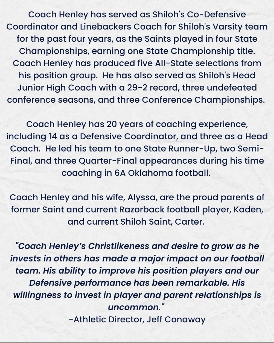 JeffConawayTFA's tweet photo. Excited to announce our new DC @coach_Ahenley! He’s an incredible person, Coach, father, dad, &amp; friend! @ShilohSaintsFB https://t.co/FVS99uRFgw