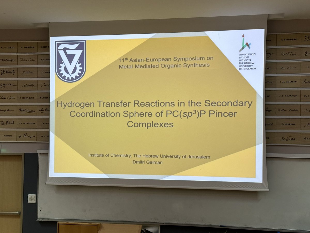 GelmanGroup's tweet photo. Prof. Gelman has presented our recent advances in the field of PC(sp3)P Pincer Complexes equipped with a second coordination sphere in the catalytic hydrogenation reactions of carbonyl compounds at the 11th Asian-European Symposium of Metal Mediated Organic Synthesis @SchulichT https://t.co/elBnSHLMbf