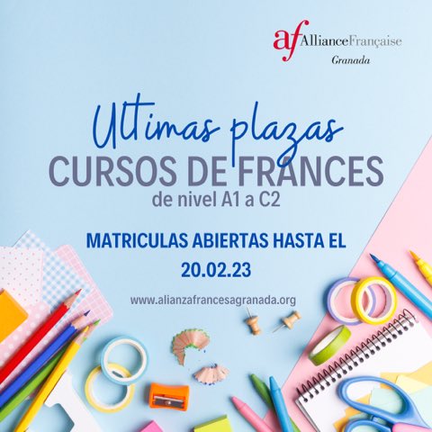 🟢 ¡Empezamos las clases el 2️⃣0️⃣ de febrero de 2023!

🖊️ Últimas plazas para matricularse. Todos los niveles disponibles de A1 a C2.

😃 Pásate por nuestra secretaría (calle Melchor Almagro, n15) o visita nuestra página web: alianzafrancesagranada.org