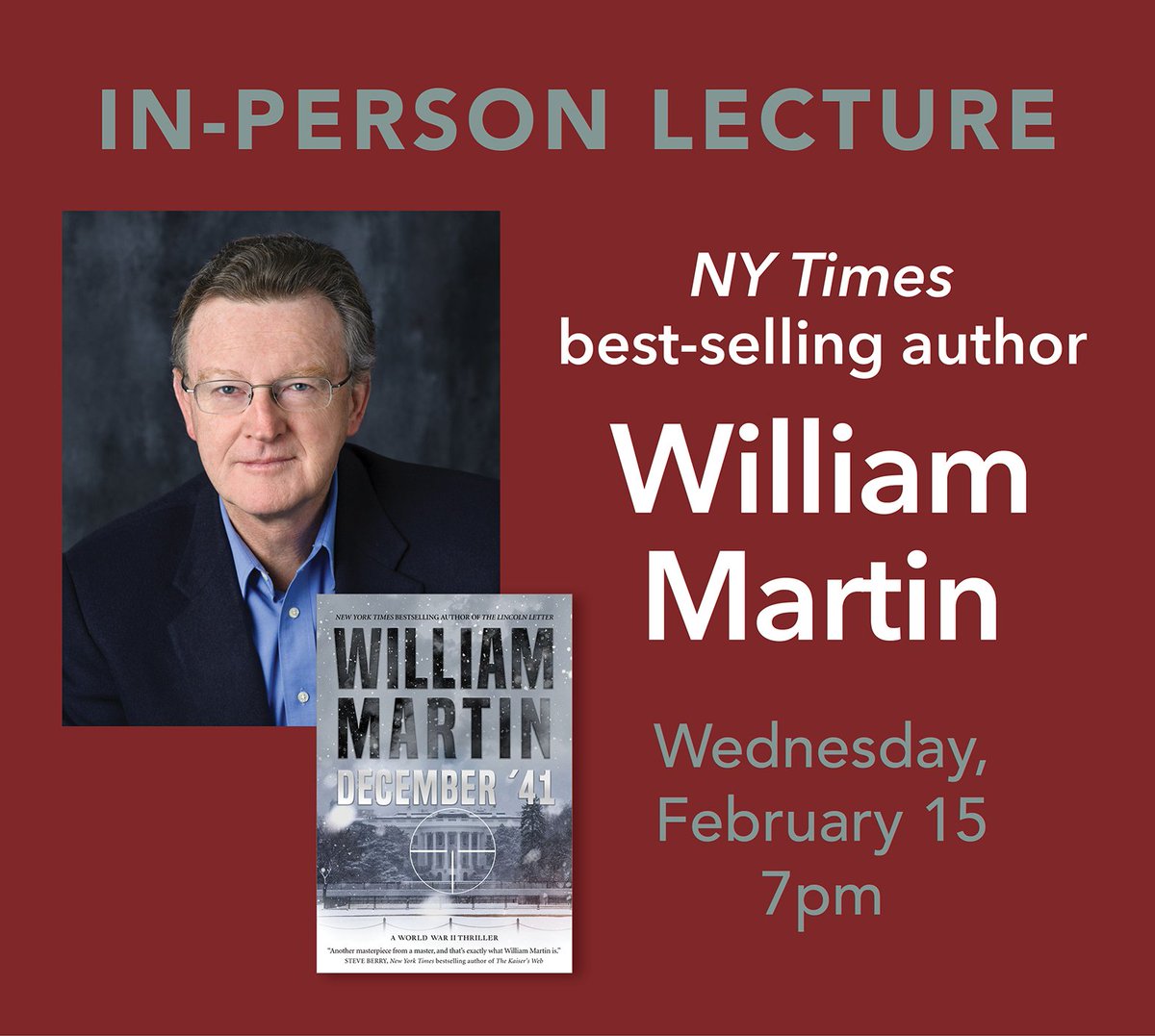 NY Times bestselling author will speak Wednesday, February 15th, 7:00 p.m., on his new historical fiction spy thriller at Dedham Museum &amp; Archive, 612 High Street, Dedham, MA. For details, visit dedhamhistorical.org/current-events/
#dedham #williammartin #thrillerfiction #WWII #lecture