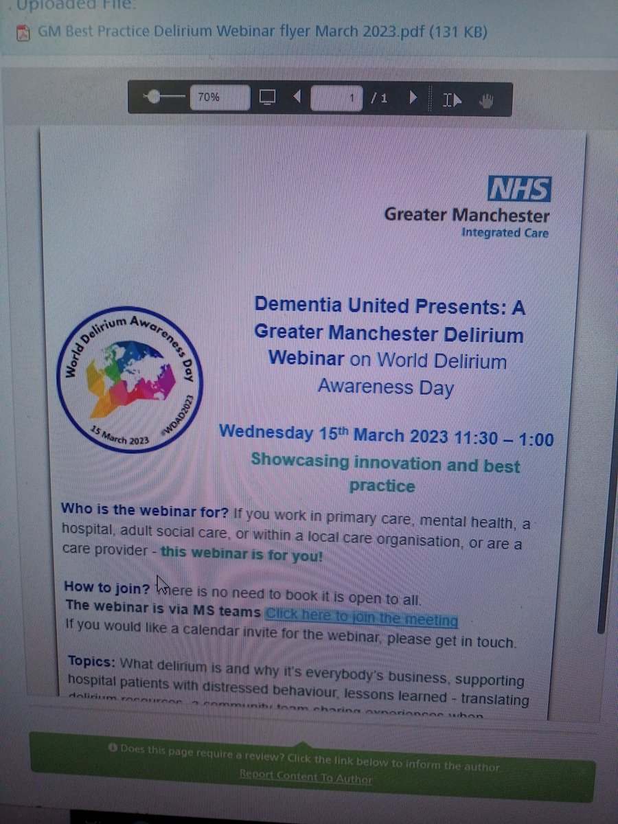 Greater Manchester webinar on delerium is now advertised on the intranet. Please book a slot myself and the enhanced care team will be speaking about tier 3 simulation training and the enhanced care service. <a href="/boltonnhsft/">Bolton NHS Foundation Trust</a>  <a href="/dementiaunited/">Dementia United</a>  #delerium #dementia #manchester