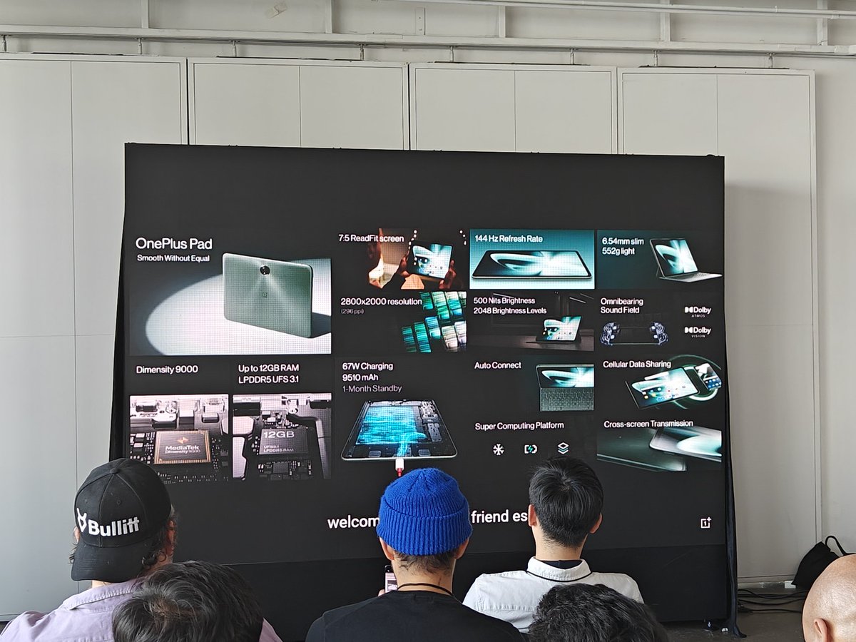 howtomen's tweet image. OnePlus Pad

Specs:
- First 7:5 Ratio (11.6" screen)
- 144 Hz
- 2800x2000 Pixel
- Dimensity 9000 chipset
- 12GB RAM
- 9510 mAh 🔋
- 67W charger
- additional accessories: Stylo &amp;amp; keyboard

Pretty solid 👌

#cloud11 #onepluspad