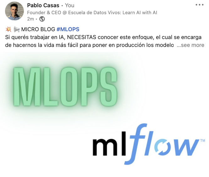 pabloc_ds's tweet photo. 📢 Trabajar en Data Science requiere conocer MLops.

Por eso cree un micro post del tema, orientado a que es MLflow, una de sus librerías MAS populares.

Pueden verlo en →  https://t.co/wSm96EZicn https://t.co/l5QuMRtaSk