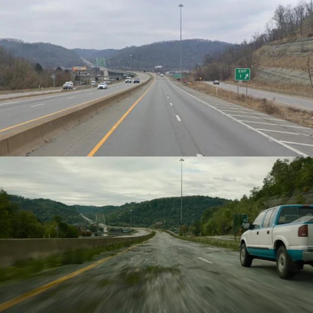 claybaebae's tweet photo. Not to be a geography freak but they were definitely driving east on I-470 across the Vietnam Veterans Memorial Bridge from Ohio into Wheeling, WV in the most recent episode of TLOU which doesn’t make sense if they’re driving from Boston to Kansas City but I digress https://t.co/WVW4WNQoNM
