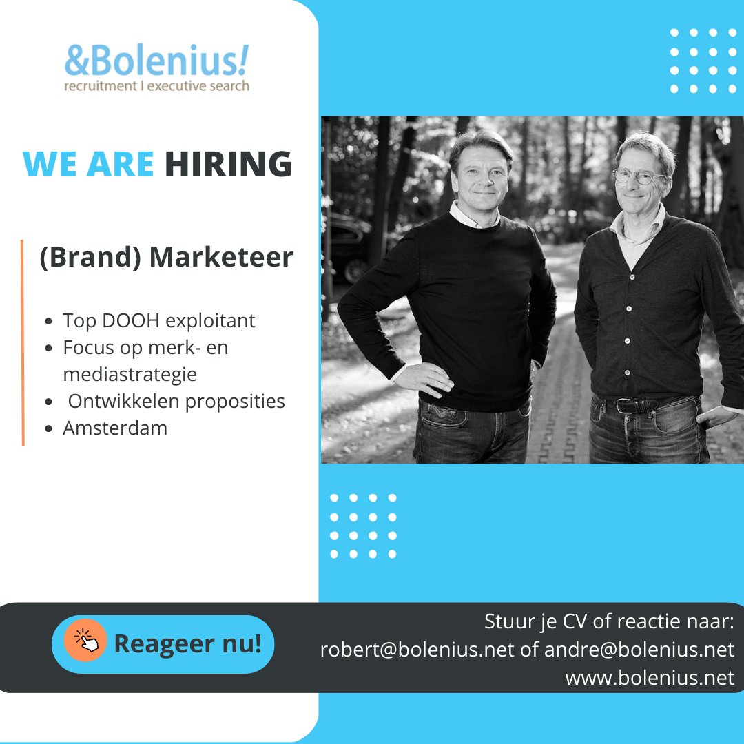 robertbolenius's tweet photo. We zoeken een Marketeer met focus op 'branding'. Media ervaring is een pré. Het gaat hier om een succesvolle, innovatieve, informele media-exploitant in een groeiende markt in Amsterdam. https://t.co/6ZlfdycG8e