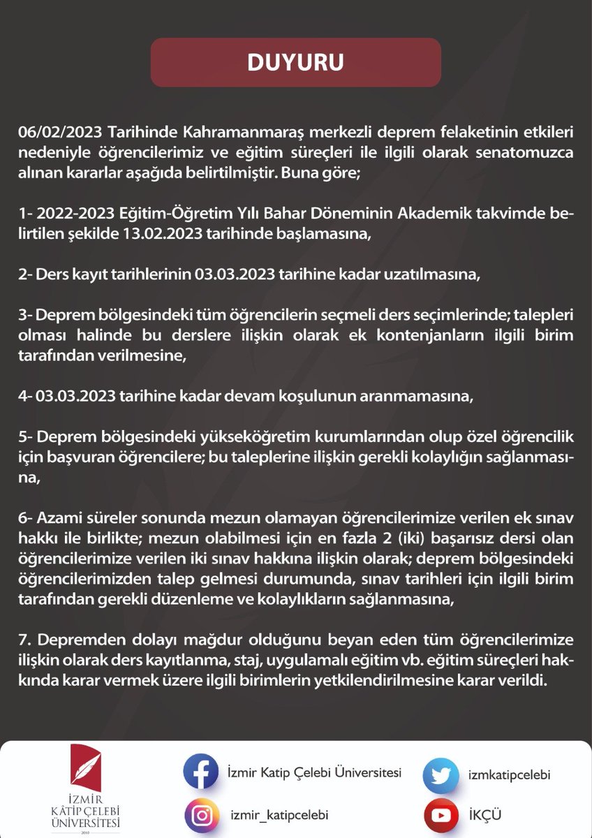 #İKÇÜ Senatosu 'Deprem' gündemiyle toplandı ve toplantıda eğitim öğretime ilişkin görseldeki kararlar alındı. 

ikcu.edu.tr/Haber/15171/se…