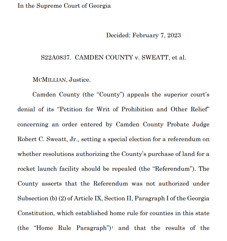 Alex__Ebert's tweet photo. Failure to launch.

The Georgia Supreme Court today upheld a local referendum thwarting Union Carbide's efforts to build the East Coast's first nonfederal spaceport along the coast in Camden County, GA.

Company planned for 12 annual launches projecting $22M in tourism impact. https://t.co/xGok80JRCb