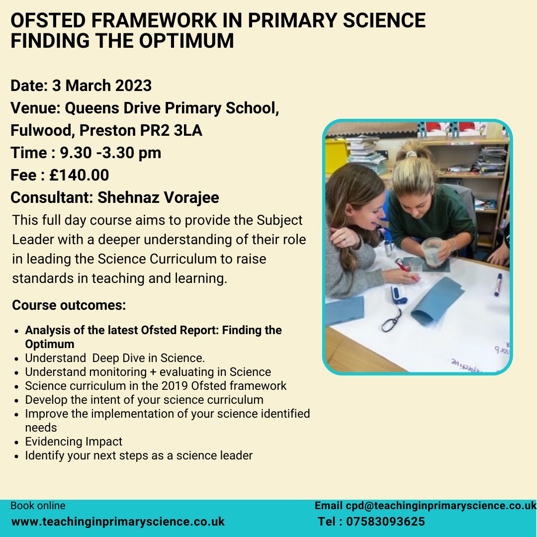 PriSci_DT's tweet photo. The Ofsted Science Subject Report Finding the optimum  was published last week.  It is an evaluation of the common strengths and weaknesses of science in 50 schools inspected and considers the challenges that science faces.
We recommend that you book on the training.. https://t.co/9sMMedi7a9