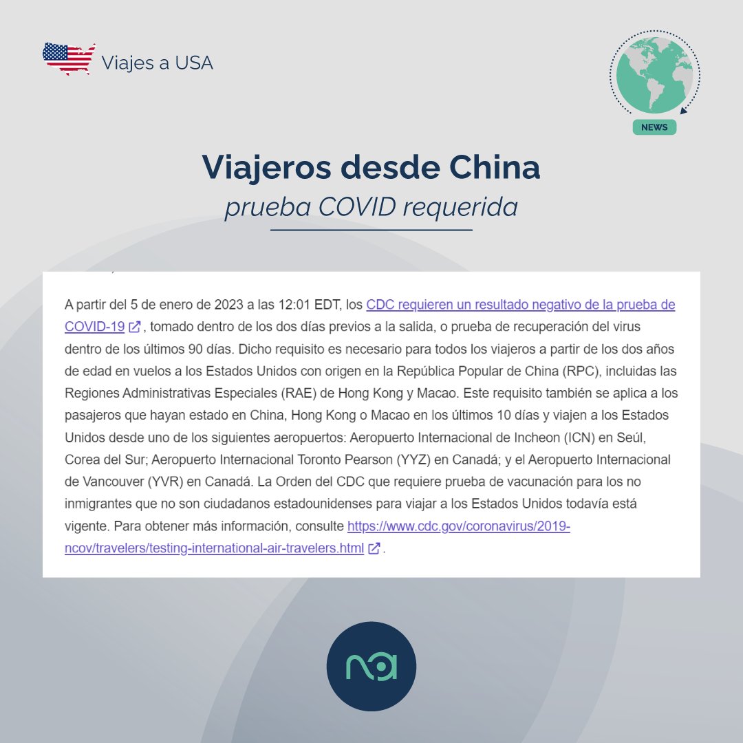 NovumAdvice's tweet photo. 🇺🇸 INGRESO A USA DESDE CHINA 

Todos los viajeros que deseen ingresar a USA desde la República Popular de China deberán presentar una prueba negativa de COVID o una certificación de recuperación. 
Fuente: https://t.co/PDmjIAe5Nb 

Más info👉https://t.co/BJvS7OcFXY https://t.co/yECp0rEHPf